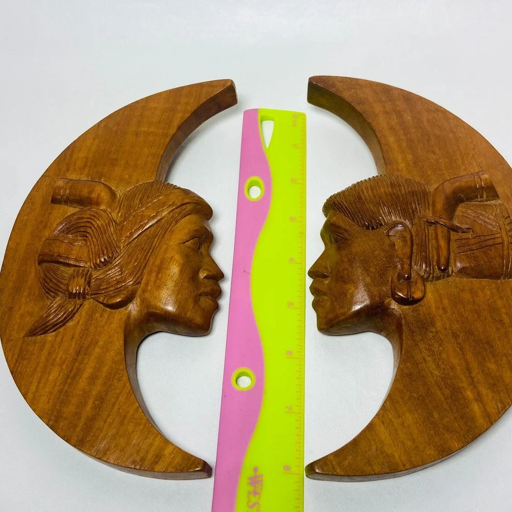 Vintage Pair‎ of Native American Indian Wooden Carved Moons Wall Hangings